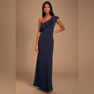🪻LULUs Last Forever Navy Blue One-Shoulder Ruffle Maxi Dress SM. Excellent Cond!